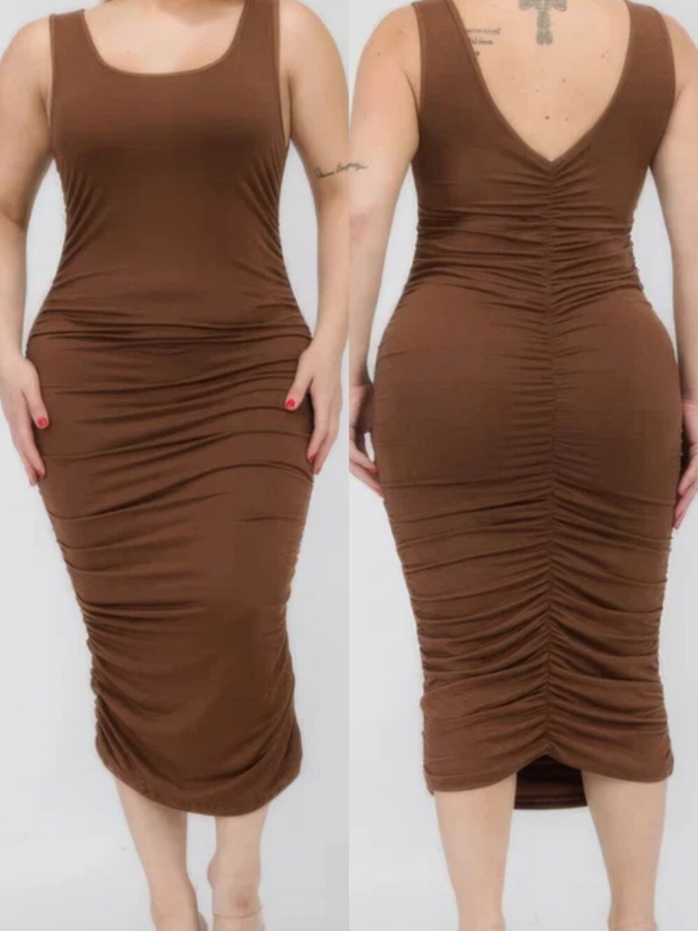 Brown Ruched Bodycon Midi Tank Dress 3XL